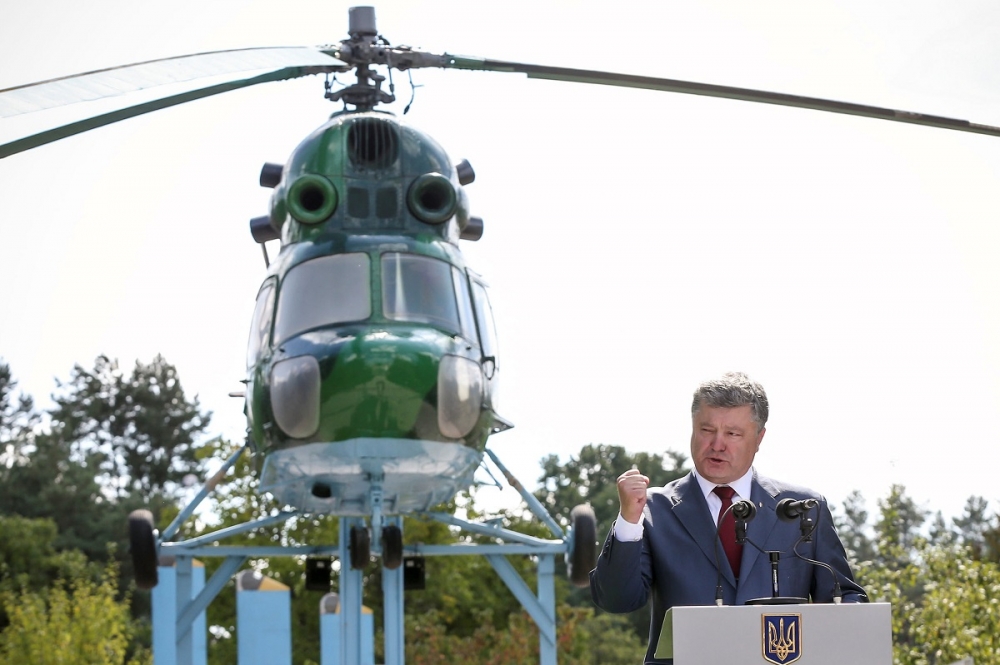 烏克蘭總統波洛申科18日在西部城市布洛地（Brody）發表演說（湯森路透）