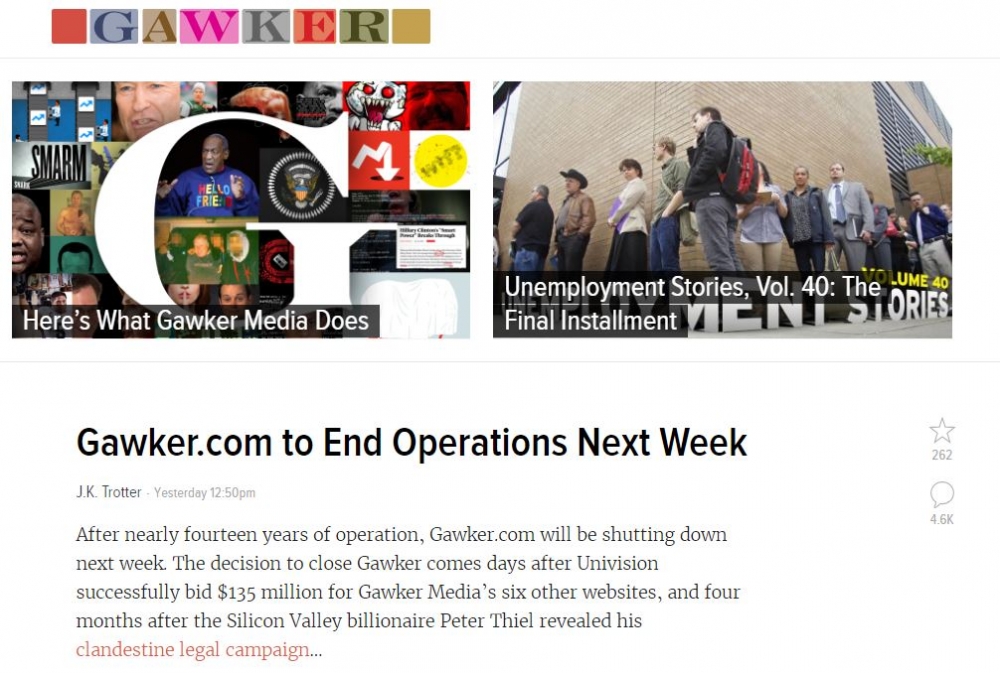 娛樂新聞部落格「Gawker.com」將在22日結束營運（Gawker.com 截圖）