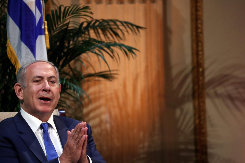 以色列總理納坦雅胡（Benjamin Netanyahu）22日出席智庫哈德遜研究所（Hudson Institute）的赫爾曼．卡恩獎（Herman Khan Award）頒獎典禮。（湯森路透）
