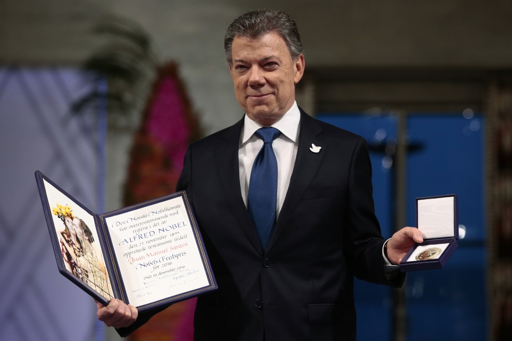 哥倫比亞總統桑托斯（Juan Manuel Santos）出席諾貝爾獎頒獎典禮。（美聯社）