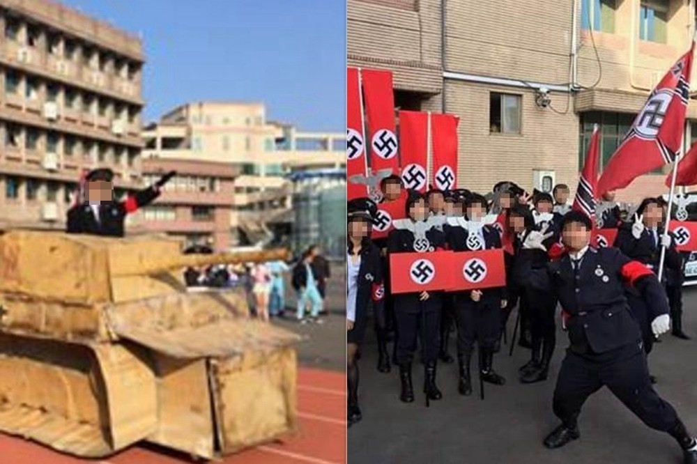 新竹光復中學的校慶變裝活動中，有班級穿上仿製的納粹軍裝，引發軒然大波。（翻攝自PTT）