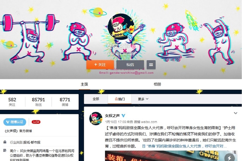 中國「女權之聲」的新浪微博帳號遭噤聲30天，也就是在這30天中，無法利用該帳號發表文章。  （翻攝自「女權之聲」新浪微博）