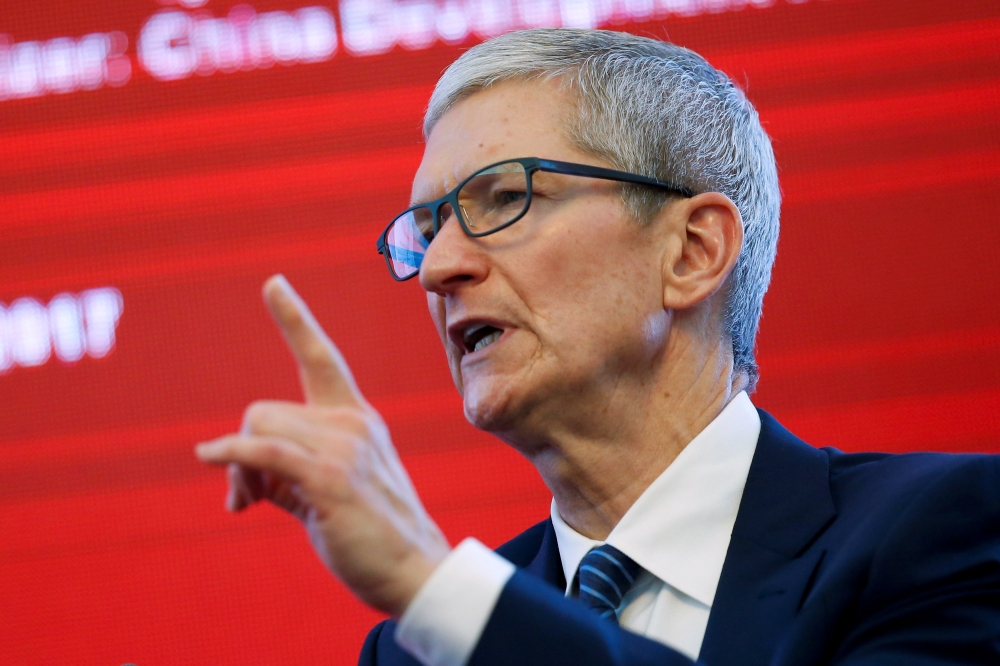 美國公司蘋果公司（Apple）執行長庫克（Tim Cook）18日「中國發展論壇」年度大會。（湯森路透）