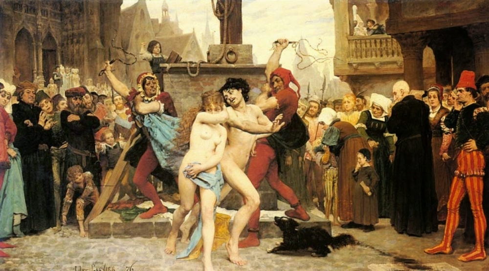 古代歐洲對通姦者的示眾懲罰。（維基百科）