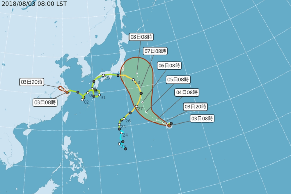 位於日本關島東北海面的熱帶性低氣壓，3日已轉為編號第13號颱風「珊珊」。（圖片取自中央氣象局）