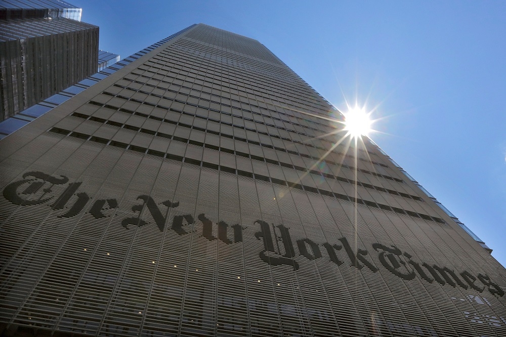 《紐約時報》（New York Times）總部大樓外觀。（湯森路透）