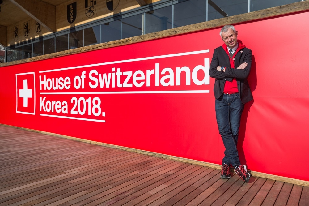 瑞士國家形象委員會負責人畢都於南韓平昌冬奧的瑞士小屋。（Presence Switzerland）