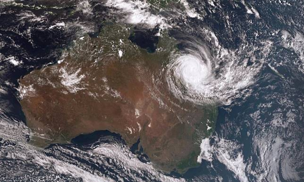 強力氣旋「黛比」28日登陸澳洲東北部海岸。（澳洲氣象局）