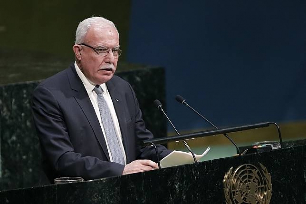 巴勒斯坦外長馬里克2017年12月21日在聯合國大會表決一項決議前發表演說。（美聯社）