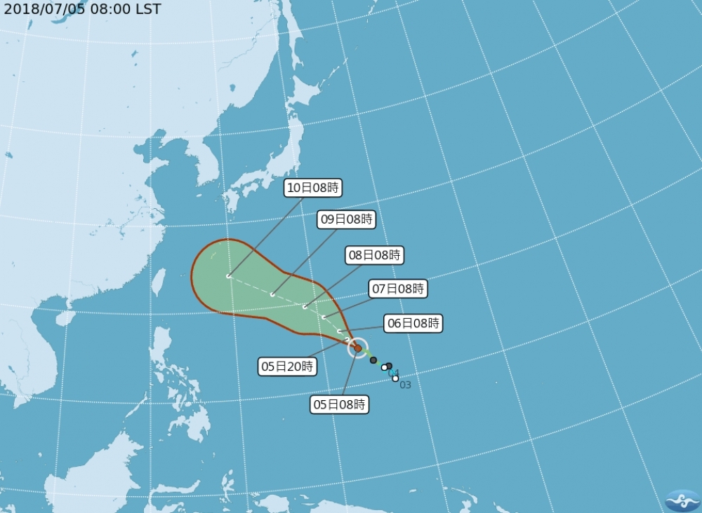 颱風瑪莉亞目前位於關島北部的馬里亞納群島，正往西北方移動撲向琉球。（圖片取自中央氣象局）
