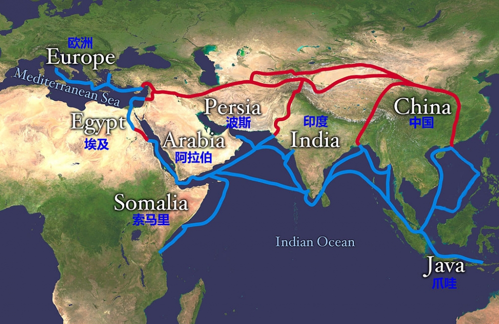 中國外來技術的傳播途徑不只內亞，「海上絲綢之路」與「西南絲綢之路」都在技術傳播上發揮重要作用。（絲綢之路路線／維基百科）