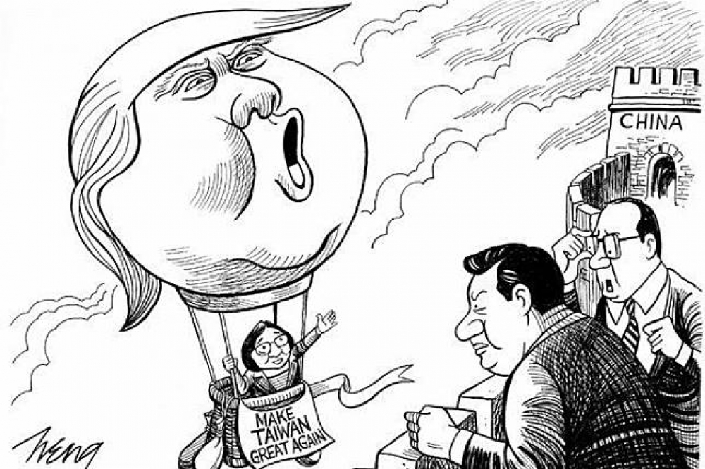 《紐約時報》以一幅漫畫，描述美中貿易戰攤牌後，台灣經濟處境變得微妙。（翻攝自紐約時報）