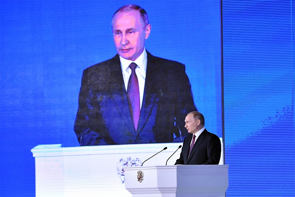  俄羅斯總統普京1日發表國情咨文時，提出新型核武系統。（湯森路透）