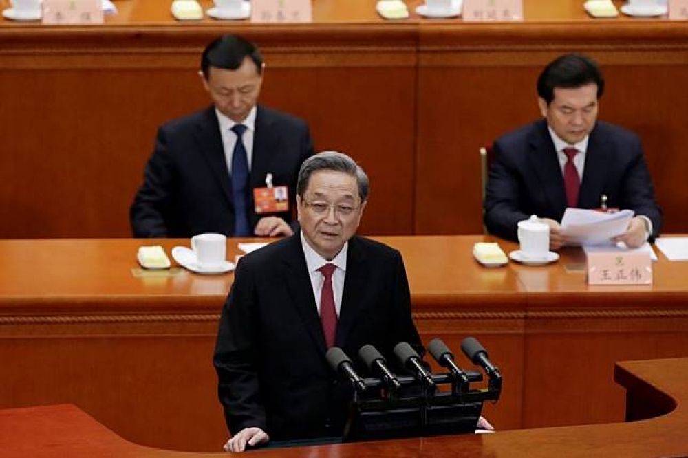 中國第十二屆政協主席俞正聲3日進行工作報告。（湯森路透）