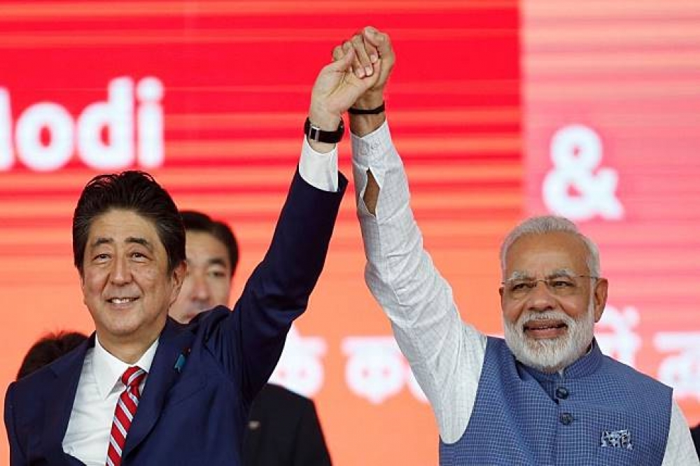 日本首相安倍晉三、印度總理莫迪14日共同出席印度首條高鐵動土典禮。（湯森路透）