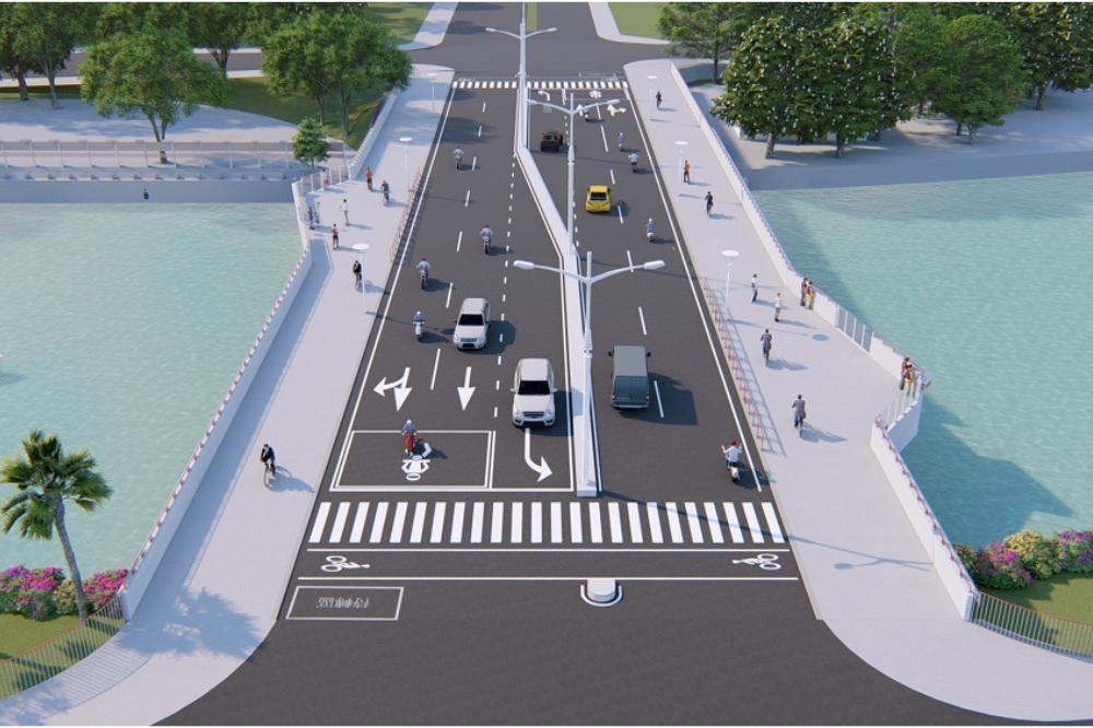 九如橋預定2026年完成，翠華路以西路寬50公尺，同盟三路以東路寬30公尺，配合前後段道路調整路型銜接，新橋梁將縫合兩側道路平面化。（高市工務局提供）