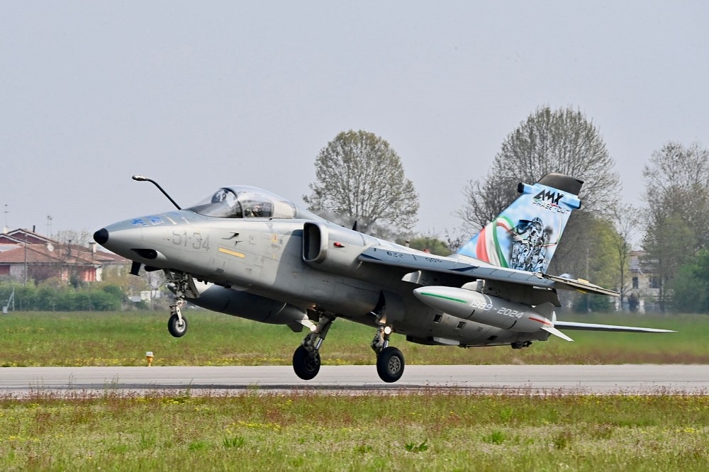 機身具有退役紀念彩繪的AMX攻擊機在跑道降落著陸。（取自義大利空軍）