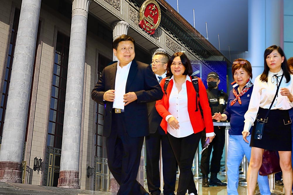 傅崐萁率藍委前往北京，中國希望國民黨發揮立法院最大黨團角色，推動「國安五法」修改。（合成畫面／張哲偉攝、新華社） 