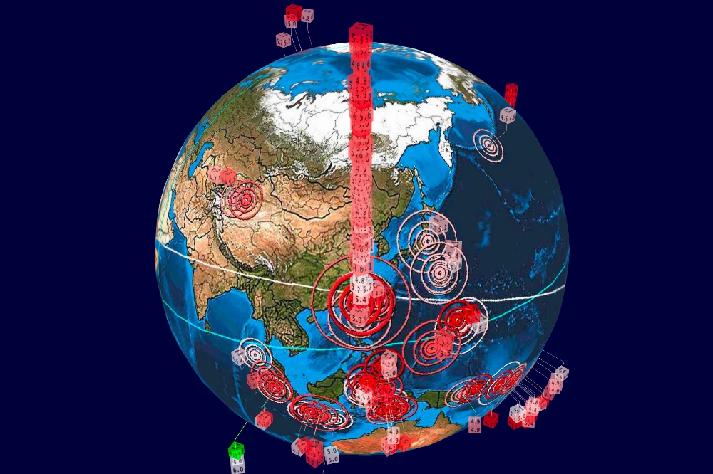 網友分享全球地震3D圖，台灣地震頻率次數疊加區塊，比其他國家高出許多倍。（取自earthquake3d）