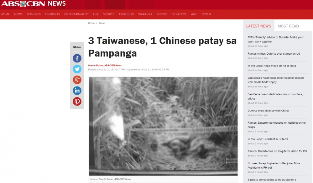 ABS-CBN新聞網報導，11日在菲律賓班巴加省（Pampanga）有農民在巴科洛爾鎮（Bacolor）水壩的甘蔗園附近，發現1具女屍與2具男屍，經傍晚證實為韓國籍人。（翻攝自ABS-CBN新聞網)