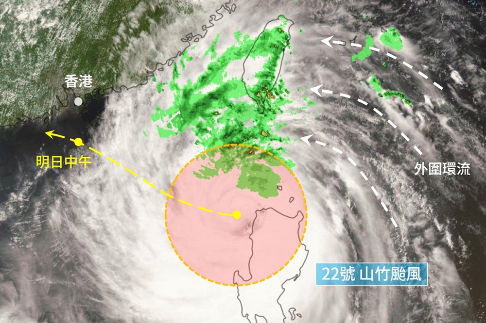 中颱山竹往香港移動，外圍環流造成東台灣豪雨、西北部焚風。（天氣風險公司提供）
