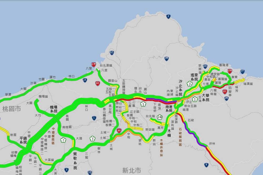 國慶連假首日，高速公路一早就湧入車潮，北台灣已經有部份路段「紫爆」，時速不到20公里。（取自1968即時路況）
