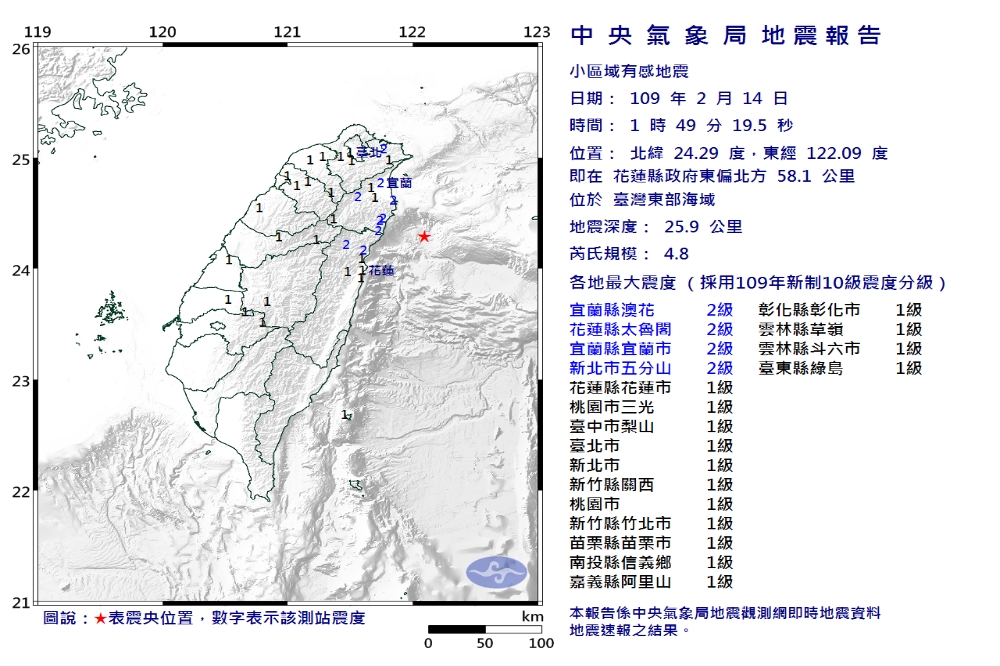 花東地區14日發生連三震，其中以花蓮的4.8規模為最大地震。（取自中央氣象局官網）