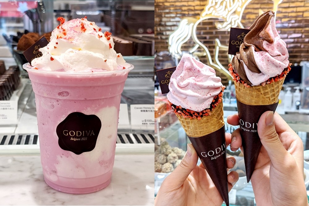 GODIVA 2月24日起限期推出台灣限定新品『草莓巧克力霜淇淋』與『草莓白巧克力凍飲』（林冠伶 攝）
