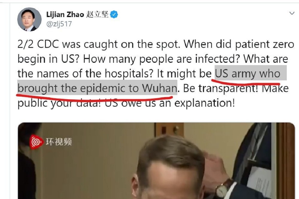 中國外交部發言人趙立堅在Twitter上發言指稱是美軍把疫情帶到武漢，卻提不出證據。（圖片擷取自趙立堅Twitter）