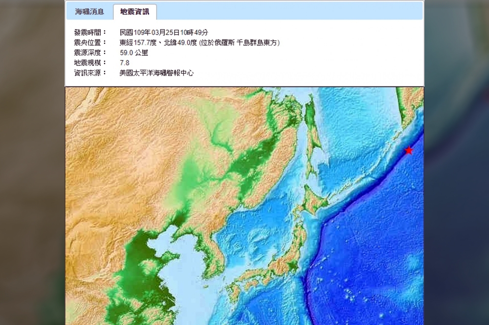 太平洋海嘯警報中心通知台灣，在上午10點49分（臺灣時間），在震央東經157.70度、北緯49.00度，發生規模7.8地震，將引起海嘯。（中央氣象局提供）