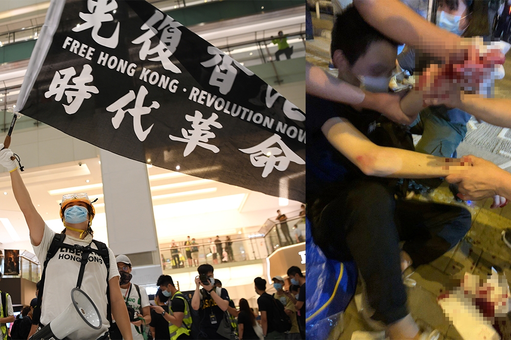 港人續揮舞「光復香港」旗幟，有示威者遭砍殺手部中刀。（湯森路透，網路圖片）