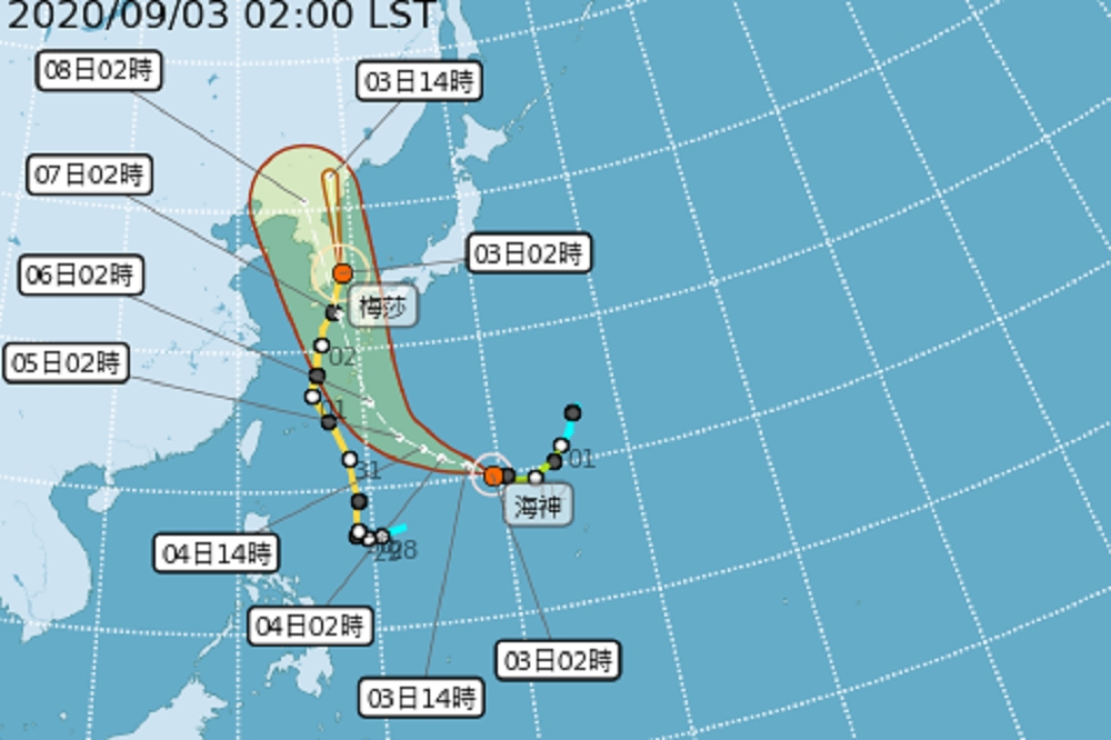 今年第10號颱風「海神」有成為今年第1個「強烈」颱風的潛力，再襲日韓不侵台。（取自中央氣象局）