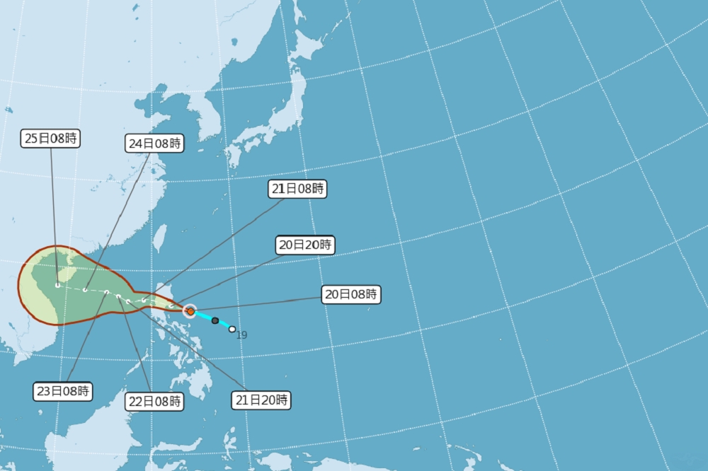 輕度颱風「沙德爾」在２０日生成，預測朝西北西移動，通過呂宋島進入南海。（取自中央氣象局）
