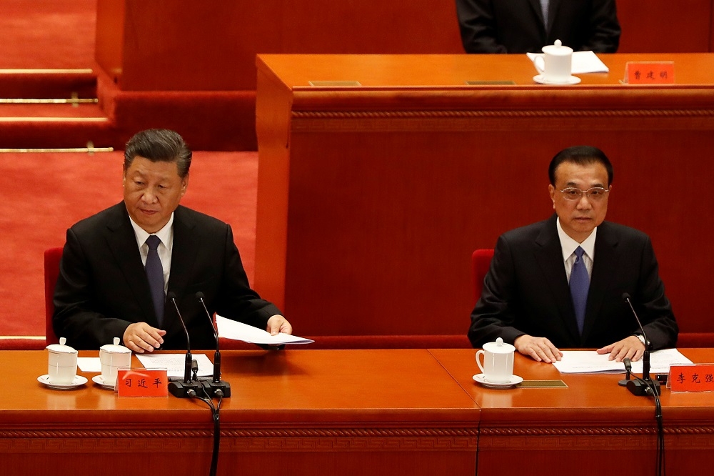 中國國家主席習近平與國務院總理李克強在70年建黨大會。 （湯森路透）