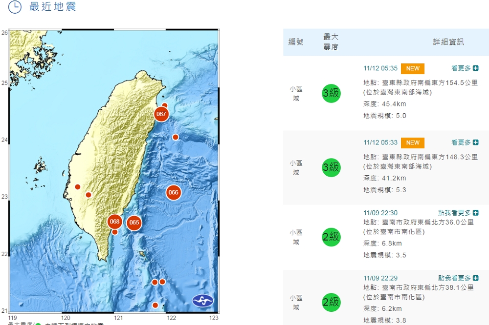 12日清晨5點多，台灣東南部海域接連發生2起地震。(取自中央氣象局)