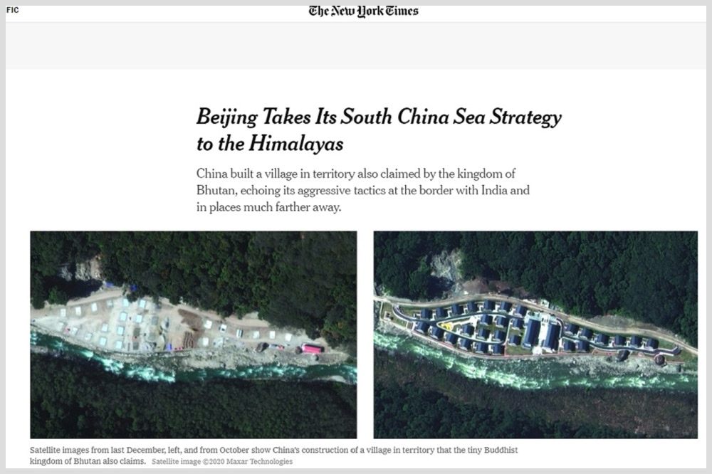 美國《紐約時報》報導，中國在10月1日前於喜瑪拉雅爭議地區完成村莊建設。（擷取自紐約時報網頁）