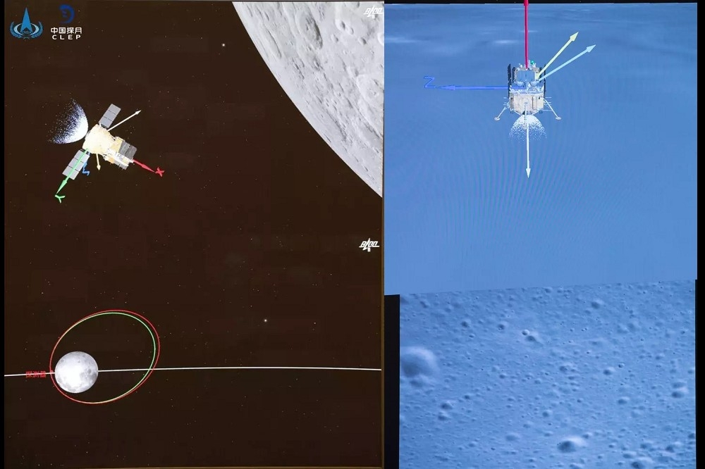嫦娥五號近月制動（左）及航天飛行控制中心的登月過程。（取自新華社及中國探月工程微信）