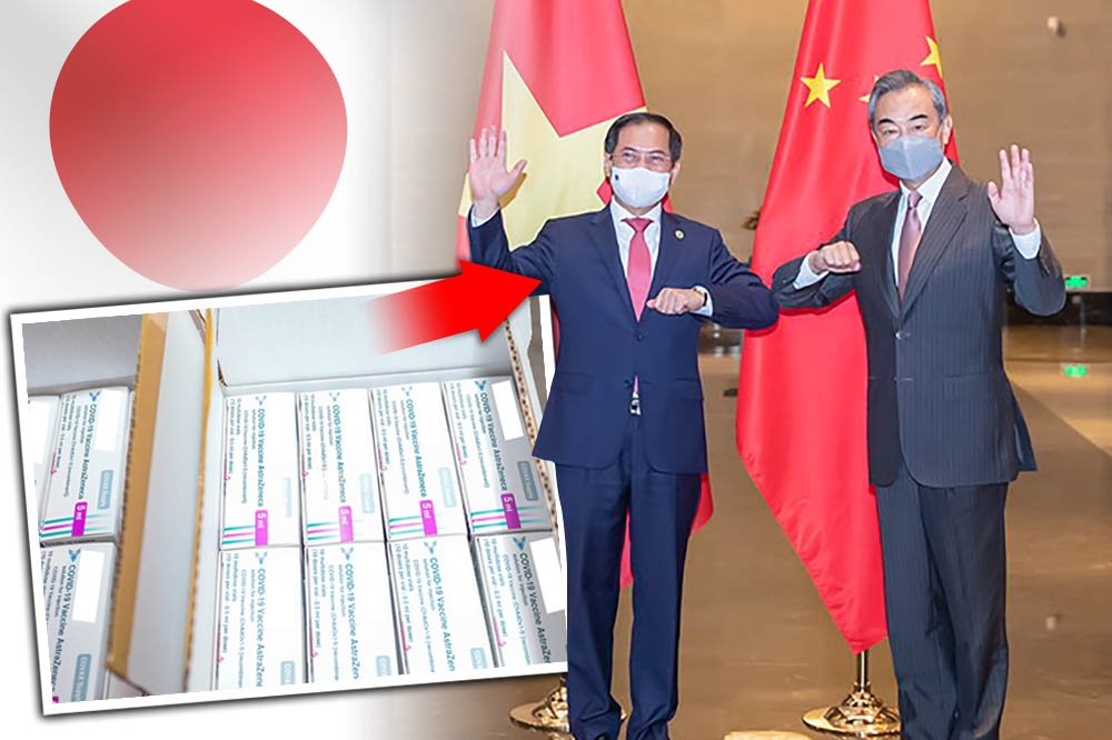 日本表態7月將提供越南200萬劑AZ疫苗後，中國外長王毅（右）8日隨即會見越南外長裴青山（中），表示願協助越南疫苗生產及採購。（合成畫面／取自中國外交部、指揮中心提供）