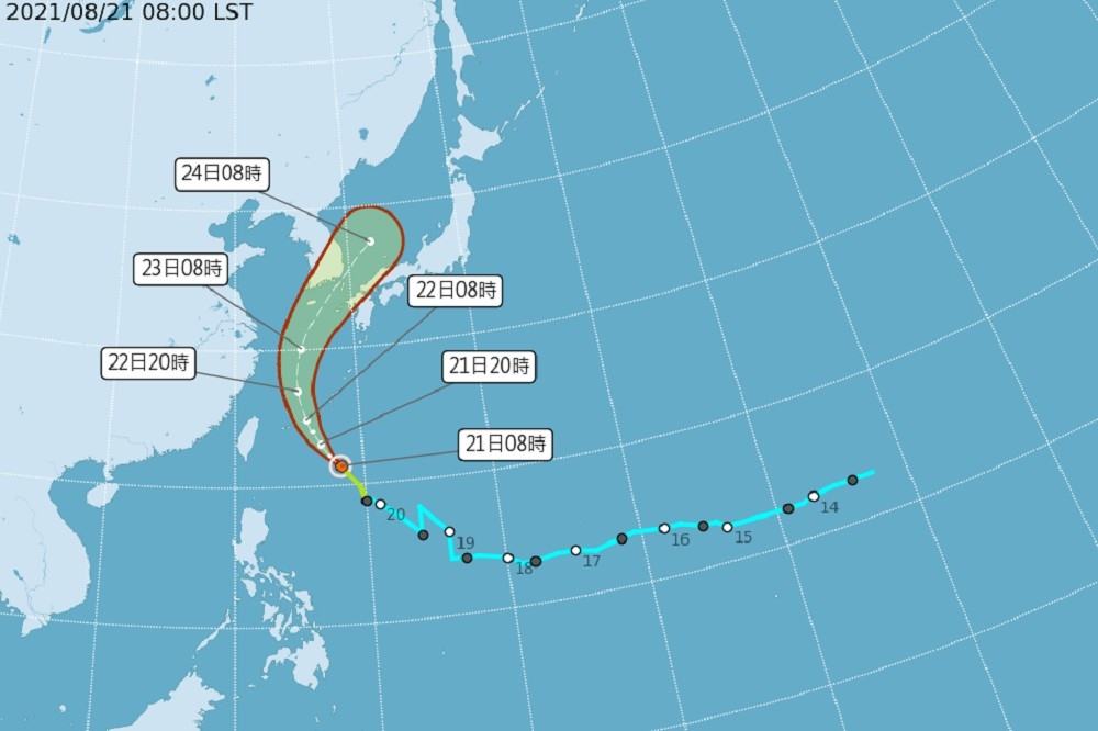 輕度颱風奧麥斯20日晚間生成，未來將朝琉球附近海面前進，暫時不會影響台灣。（取自氣象局）
