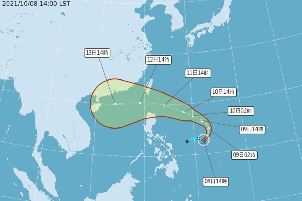 氣象局8日發布「圓規」颱風路徑潛勢預報圖。（取自中央氣象局官網）