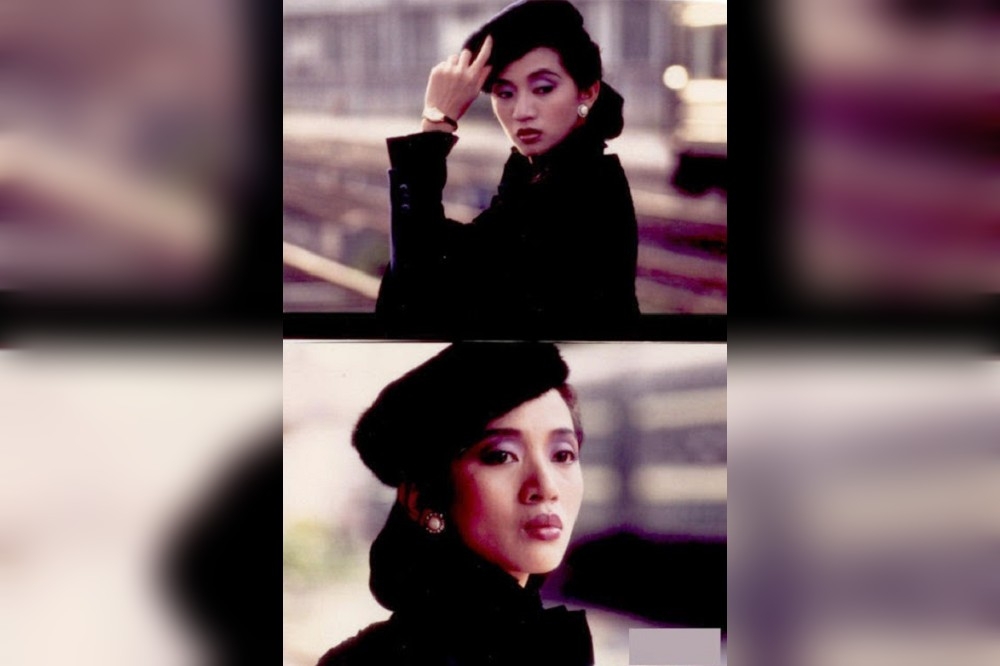 1988年拍攝鐵達時手錶廣告，梅艷芳被賦予松本零士動畫女角的典型黑帽黑長裘冷美人。（圖片擷取自梅豔芳鐵達時手錶廣告）
