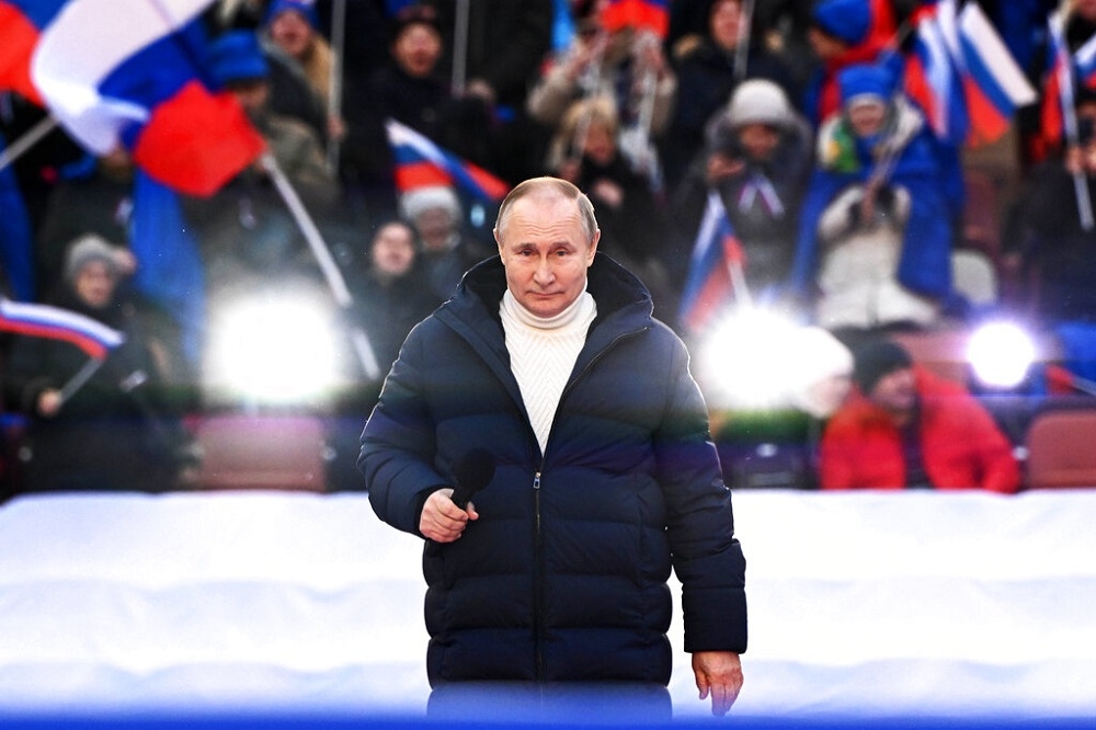 俄羅斯總統普丁18日現身莫斯科魯茲尼基體育館的聚會。（美聯社）