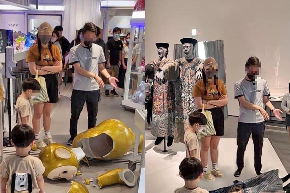 有網友將香港天線寶寶被推倒的照片，P圖在地獄展殭屍上，讓人誤以為殭屍被推倒損壞。（合成畫面／取自臉書）