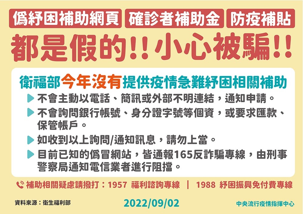 不少民眾近來分別收到「偽紓困補助網頁」、「確診者補助金」、「防疫補貼」等簡訊，指揮中心表示，上述簡訊都是假的。（指揮中心提供）