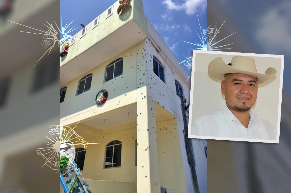 墨西哥毒帮攻击圣米格尔托托拉潘市政府，大楼外墙布满弹孔，市长也不幸丧命。（合成画面／取自推特）(photo:UpMedia)