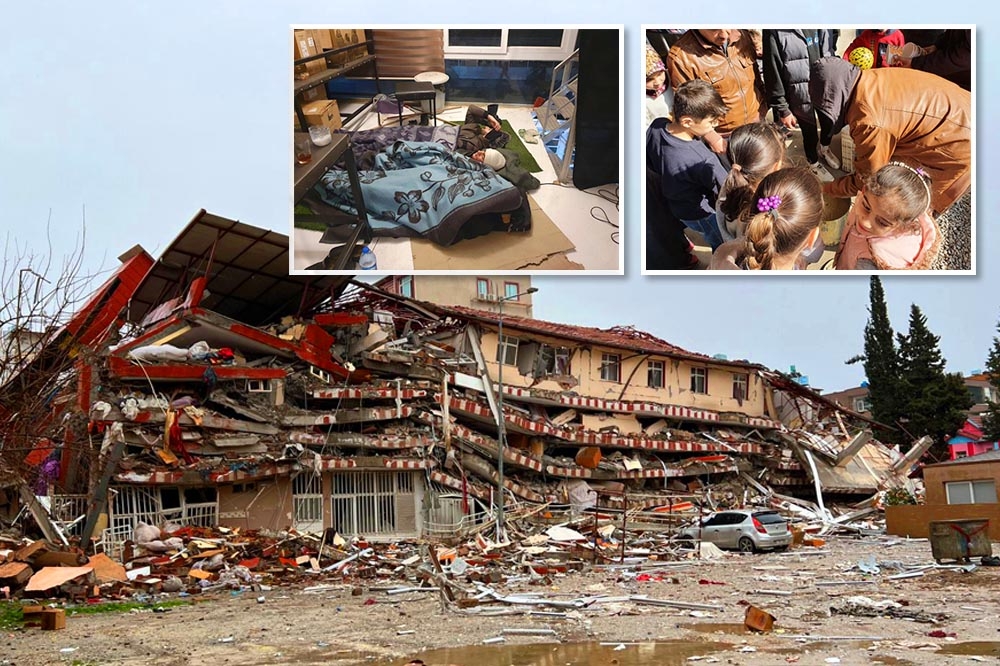 土耳其強震擊，雷伊漢勒市多處房屋嚴重倒塌（圖），由台灣建築師裘振宇創辦的台灣中心，目前該中心已收容上百名婦女小孩。（合成畫面／台灣雷伊漢勒世界公民中心提供)
