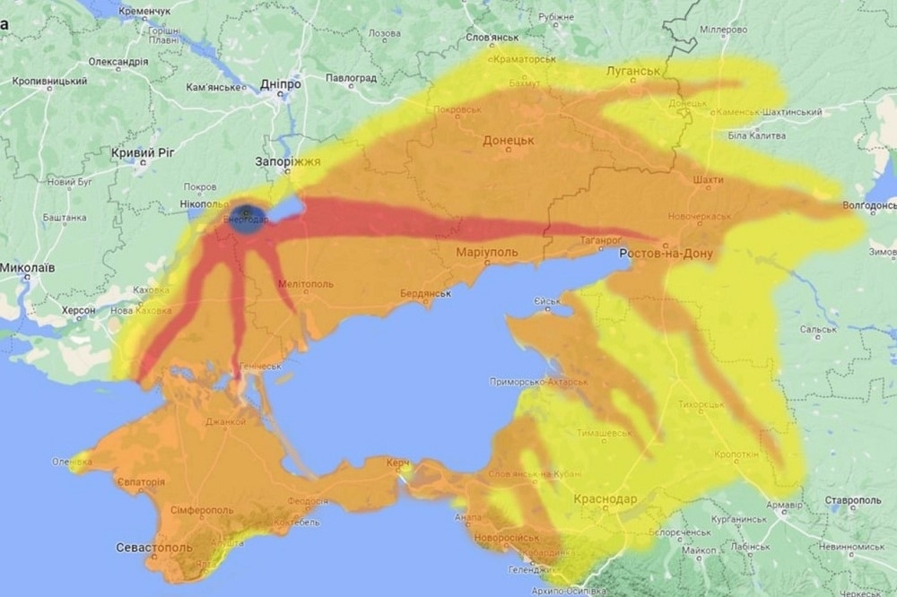 扎波羅熱核電廠若發生輻射外洩，俄國南部將成為大片災區。（Energoatom模擬和外洩圖／圖片取自Energoatom臉書）