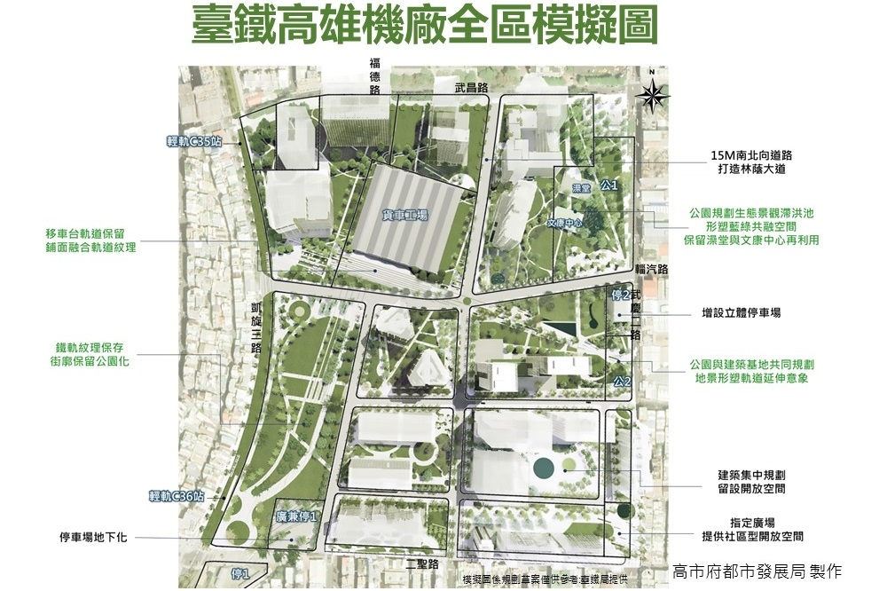 臺鐵高雄機廠全區模擬圖。(高雄市政府都發局提供)