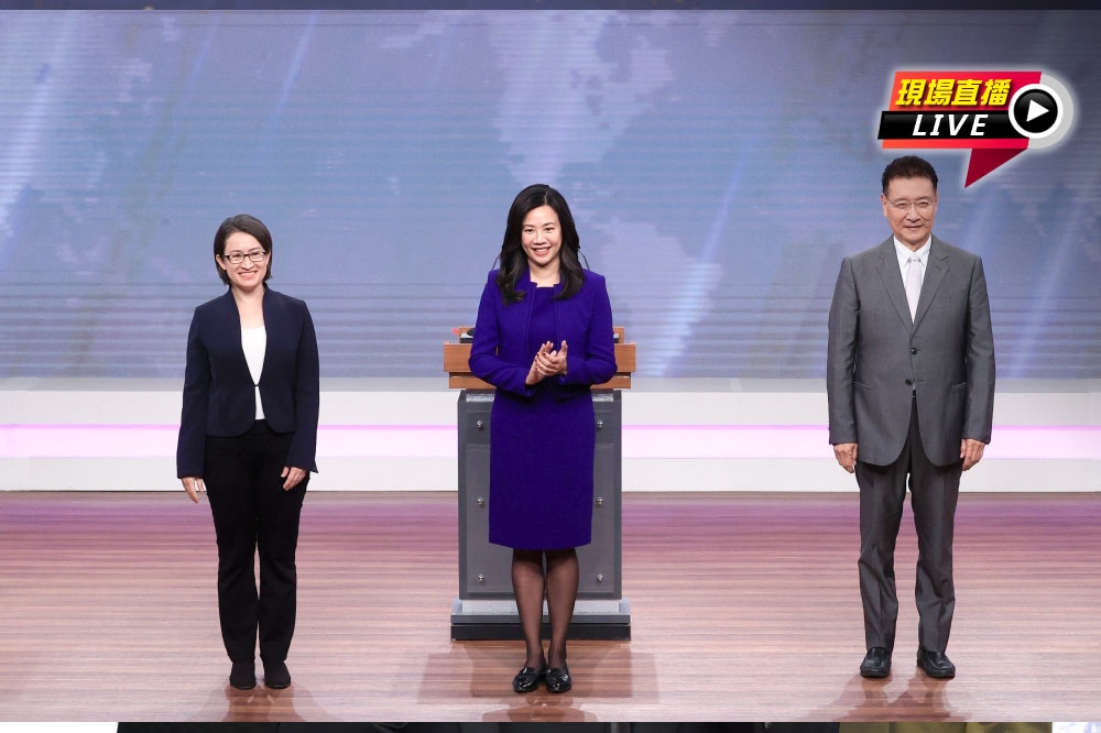 綠藍白三黨副總統候選人蕭美琴、趙少康、吳欣盈在電視辯論後，舉行會後記者會。（台北市攝影記者聯誼會/提供）