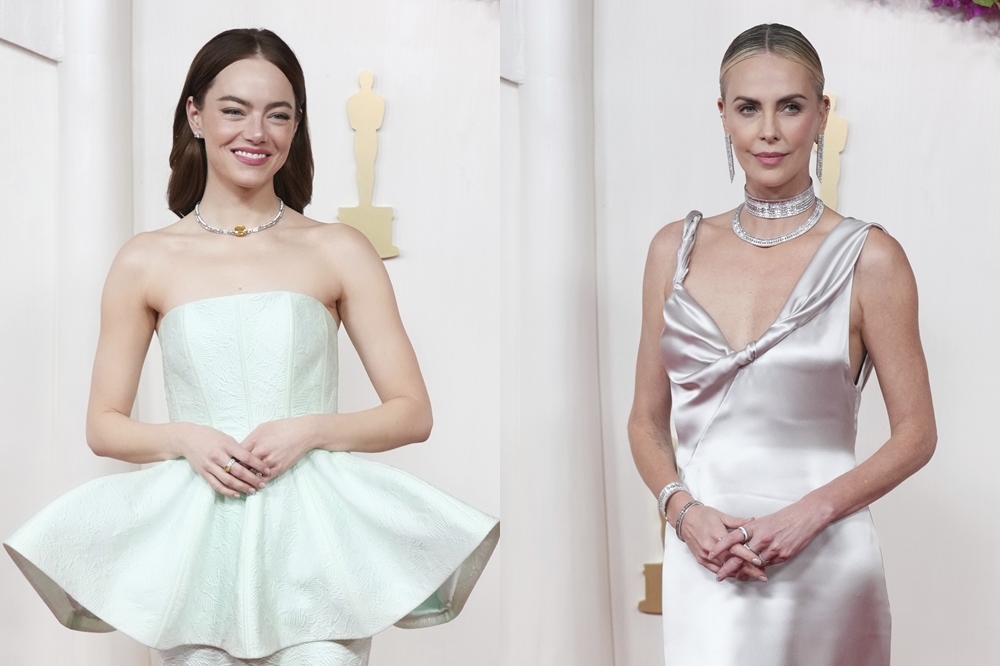 2024年奧斯卡今天登場，奪后呼聲高的艾瑪史東（左圖）身穿淺綠色荷葉中擺禮服現身；莎莉賽隆（右圖）則以Dior緞面高定禮服優雅現身。（美聯社）